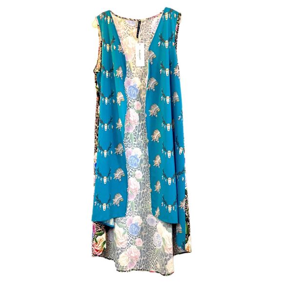 Open Front Sleeveless Duster Cardigan L Asymmetrical Leopard Floral Boho Western - Picture 5 of 13